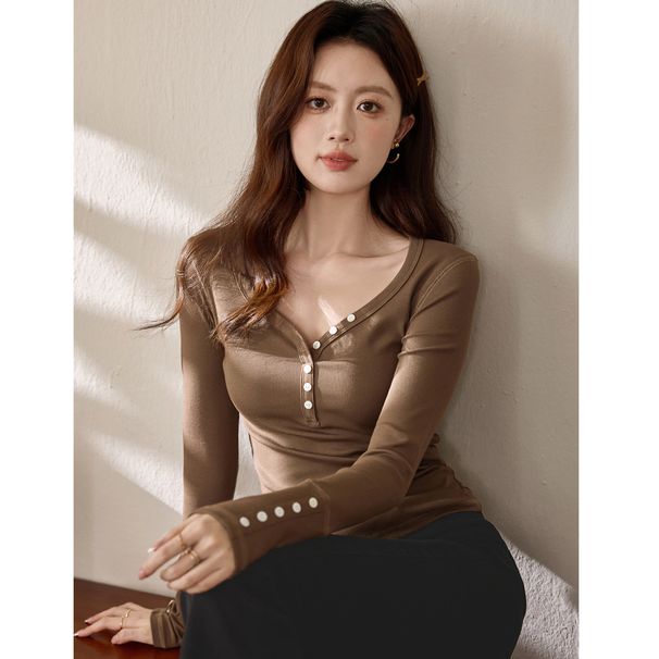 2025 #Craftsmanship Selection # American Button V-Neck Long Sleeved T-Shirt Women's Pure Cotton 2025 Autumn New Shoulder Top_ecoleips.com