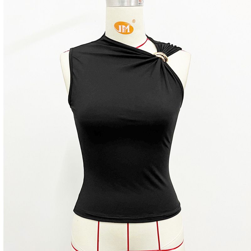 Women's Clothing Summer New Arrival Sleeveless Vest Top Elegant Simple Metal Ring Design Solid Color Slimming Effect_ecoleips.com