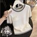 Color Blocked Knit T-Shirt For Women Luxury Design Slimming Top Striped Summer New Style Short Sleeved Loose Fit_ecoleips.com