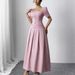 Women's Elegant Long Summer Dress With Waist Slimming Square Neck Puff Sleeves Simple European American Style_ecoleips.com