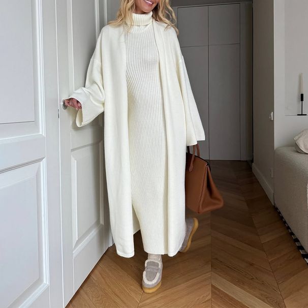 Elegant High-Neck Long Dress & Cardigan Set - Slim Fit Two-Piece Outfit For Women, Comfortable Polyester Blend, Black/Beige/Brown/Red_ecoleips.com
