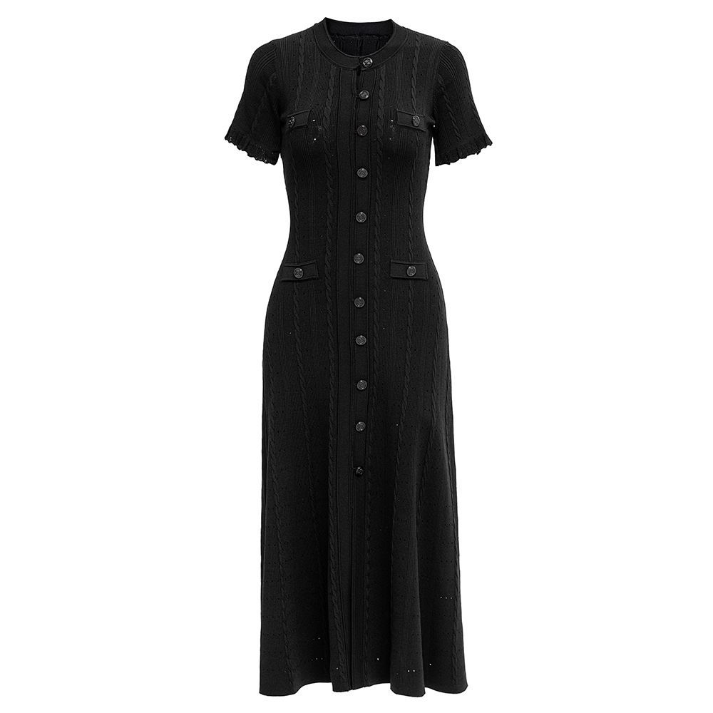 Button-Detail Jacquard Knit Dress Women's Crochet Lace Hollow-Out Design A-Line Midi Dress for Spring Summer Orange White Black Burgundy S XL_ecoleips.com