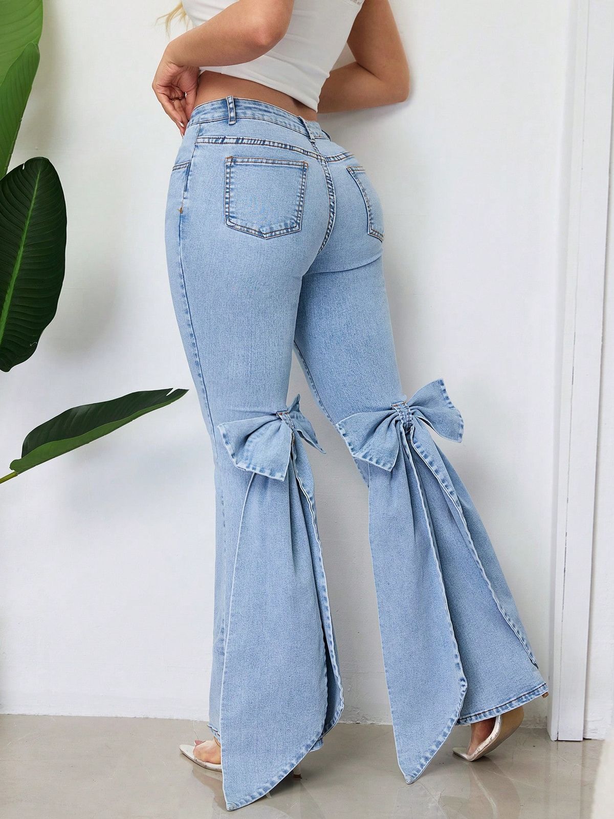 Women's Clothing European And American Retro 3D Bow Slim Fit Medium Elastic Floor Length Flared Jeans For Women_ecoleips.com