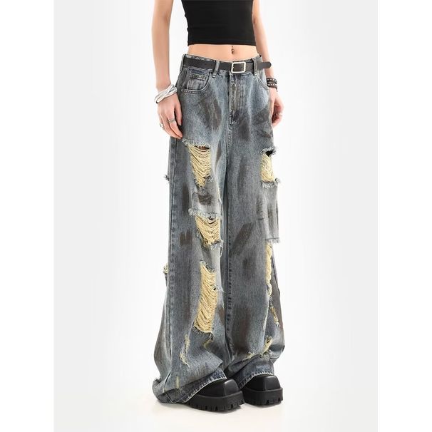 Abandoned Soil Distressed Jeans For Women Summer New Style American Loose Hanging Wide Leg Pants Trendy_ecoleips.com
