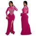 CY901013 European And American Style Round Neck Long Sleeve High Slit Rhinestone Sheer Dress For Women Solid Color Party_ecoleips.com