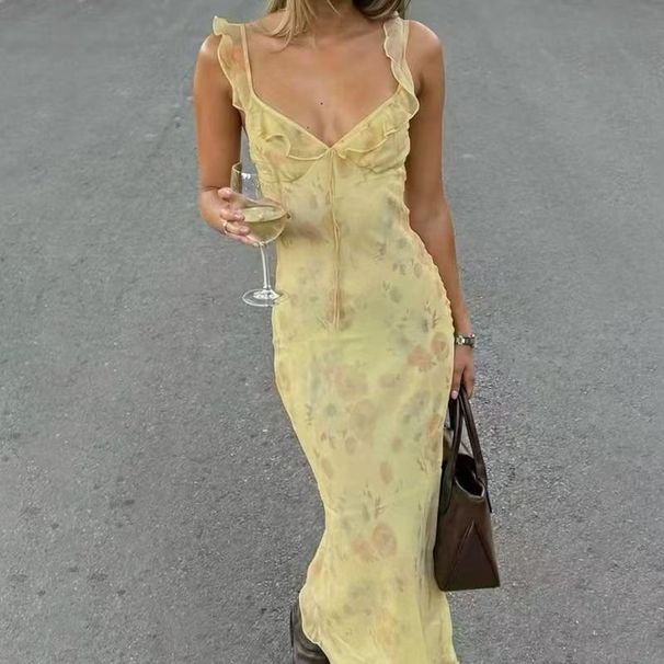 Summer New Women's Clothing Sexy Low-cut Babes Vacation Style Retro Printing Slim-fitting Suspender Dress_ecoleips.com