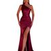 TW898 Women's One Shoulder Asymmetrical Neckline Slim Fit Bodycon Long Dress Pleated Satin Elegant And Sophisticated European American Style Cross Border_ecoleips.com