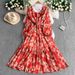 Women's Clothing Retro Print Ruffled V Neck Puff Sleeve Dress Waist Slimming Pleated Long Skirt_ecoleips.com