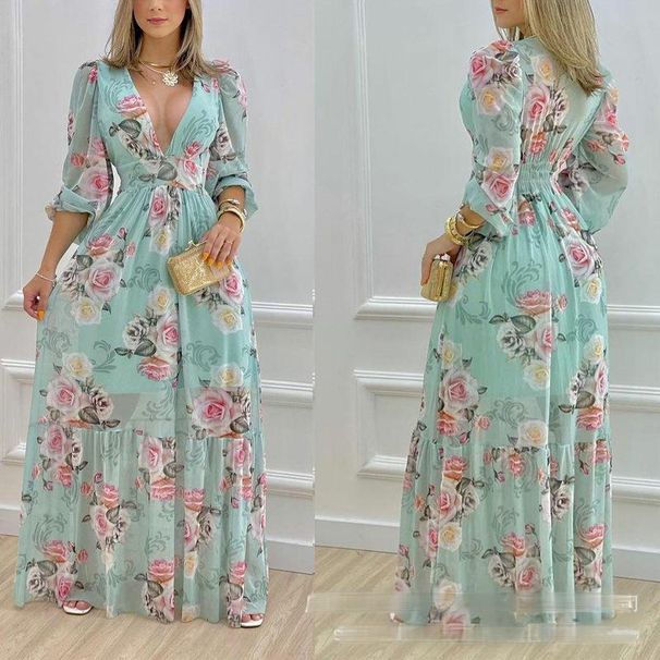 Women's Clothing Printed V Neck Lantern Sleeve Waist Dress_ecoleips.com