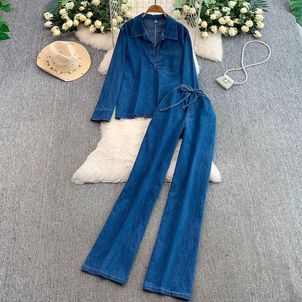 Relaxed Denim Top & Wide-Leg Pants Set | V-Neck Long Sleeve & Drawstring Waist | Comfortable Stretchy Fabric_ecoleips.com