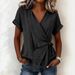 Voya Women's New Casual Solid Color Short Sleeved Top, New Lapel Tie Irregular Top, Multiple Colors To Choose From_ecoleips.com