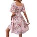 2026 European And American Floral Print Square-neck Ruched Short-sleeve Dress In Stock_ecoleips.com