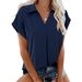 Women's V-Neck Short Sleeve Blouse - Breathable Polyester & Cotton Blend, Relaxed Fit, Solid Color Casual Shirt For Everyday Wear_ecoleips.com