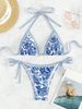 Women's Clothing Blue And White Porcelain Print Lace Up Sexy Bikini Split Swimsuit_ecoleips.com