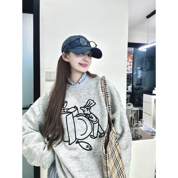 Abstract Pattern Design Sense Gray Sweater Women's Fall And Winter Loose Slouchy Pullover Versatile Round Neck Top Long_ecoleips.com