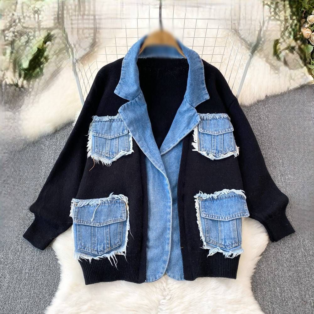 Women's Clothing Fashion Personality Knitted Patchwork Denim Jacket Women's Winter Loose Lazy Style Thickened Sweater Cardigan Top_ecoleips.com
