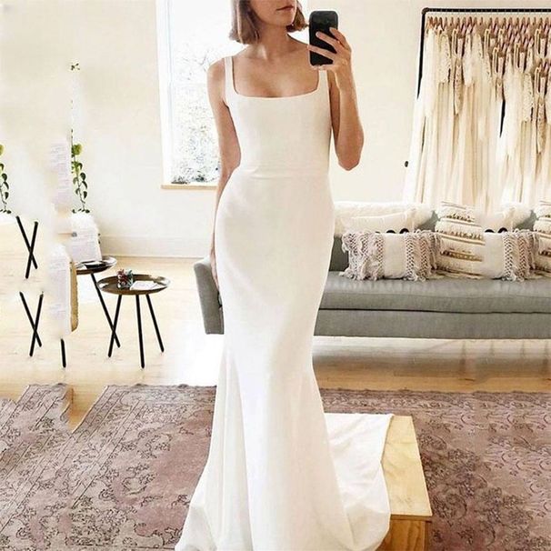 Women's Clothing Light Wedding Dress White Dress Female Italian Square Neck Backless Simple Trailing Bride Dress Soft Satin_ecoleips.com
