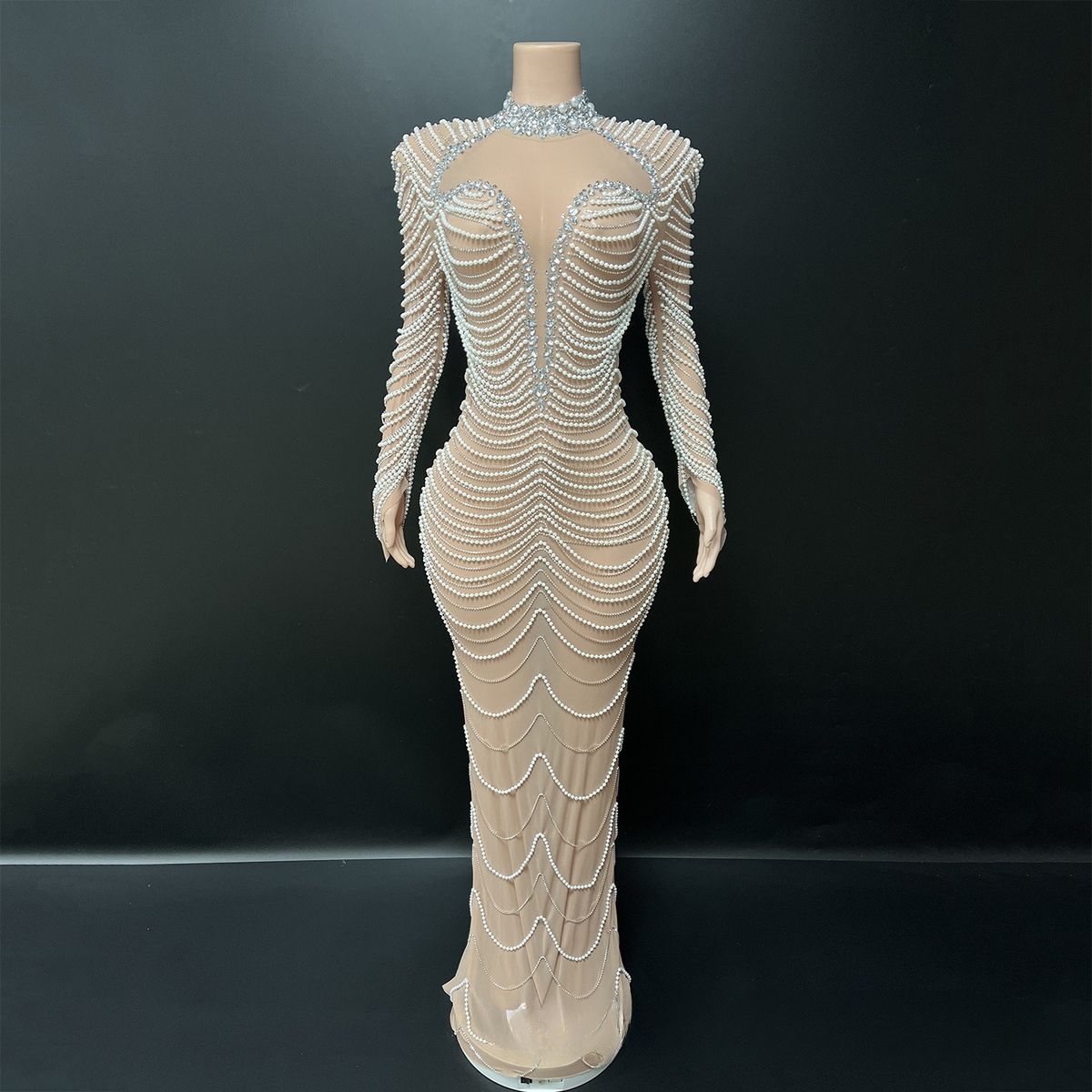 Women's Clothing Elegant Beaded Rhinestone Gown Nude Mesh Floor Length For Photoshoots Annual Meetings Runway Shows Birthday Parties Evening Wear_ecoleips.com