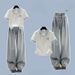 Fashionable Preppy Style Women's Clothing Set Short Sleeved Plaid Top Embroidered Korean Retro Wide Leg Pants_ecoleips.com