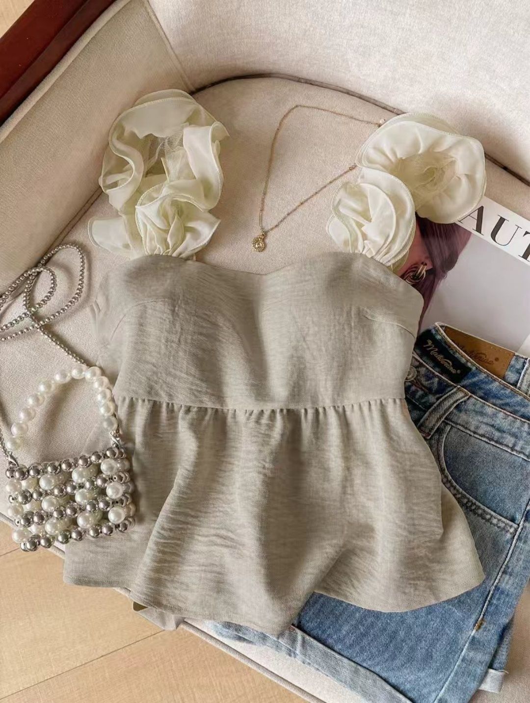 Women's Off-Shoulder Top Slim Fit Ruffled Hem Sleeveless Flattering European American Style Cross Border New Design_ecoleips.com