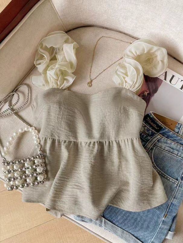 Women's Off-Shoulder Top Slim Fit Ruffled Hem Sleeveless Flattering European American Style Cross Border New Design_ecoleips.com