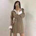 Chic Autumn And Winter Retro Temperament Lapel Contrast Patchwork Fake Two Pieces Strap Waist Long Sleeve Knitted Dress_ecoleips.com