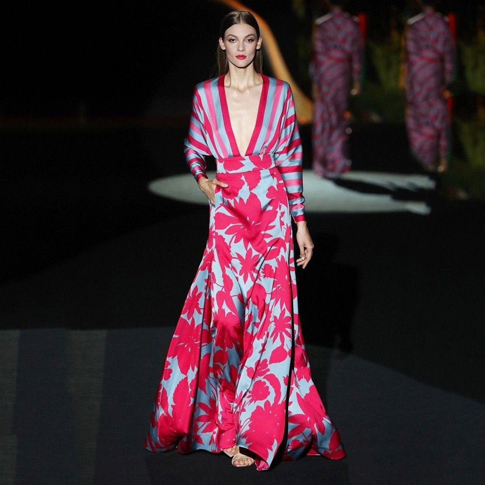 Women's Clothing Spring And Summer New Women's Clothing Printed Temperament Slit Skirt Celebrity Large Swing Waist Dress_ecoleips.com
