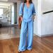 Women's V-Neck Long Sleeve Top And Pants Set Washed Cotton Comfortable Outfit Multiple Colors Available_ecoleips.com