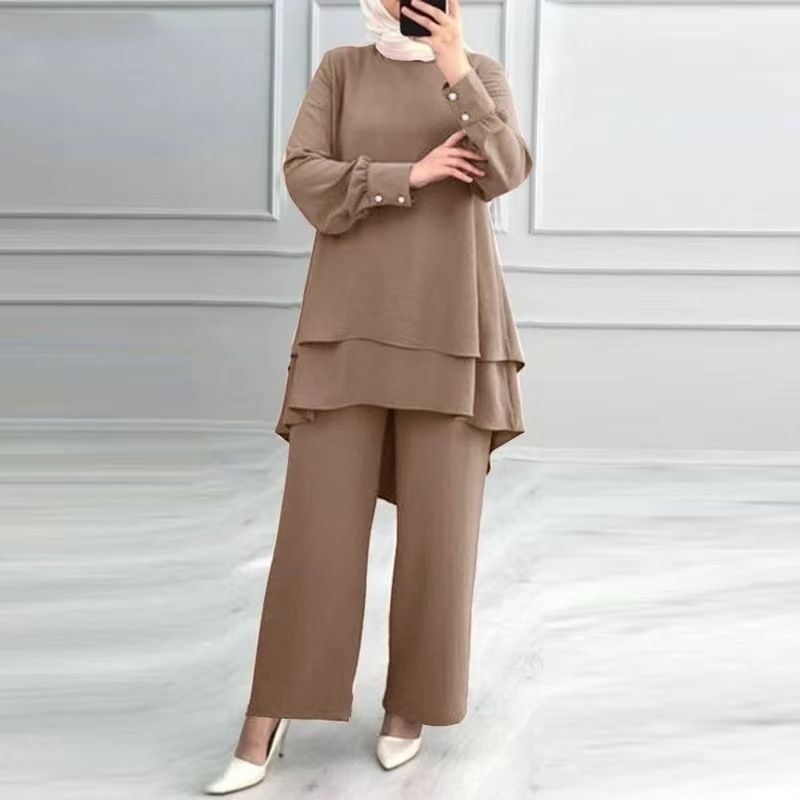 H731 Muslim New Women's Clothing Solid Color Double Layer Top Fashion Elegant Loose Wide Leg Pants Set_ecoleips.com