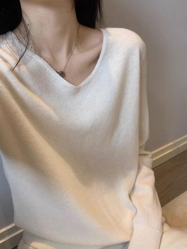 Aria Basics Aria Basics Autumn And Winter V-neck 100% Wool Sweater, Long-sleeved Pullover For Women, Solid Color Cashmere Slim-fit Knitted Base_ecoleips.com