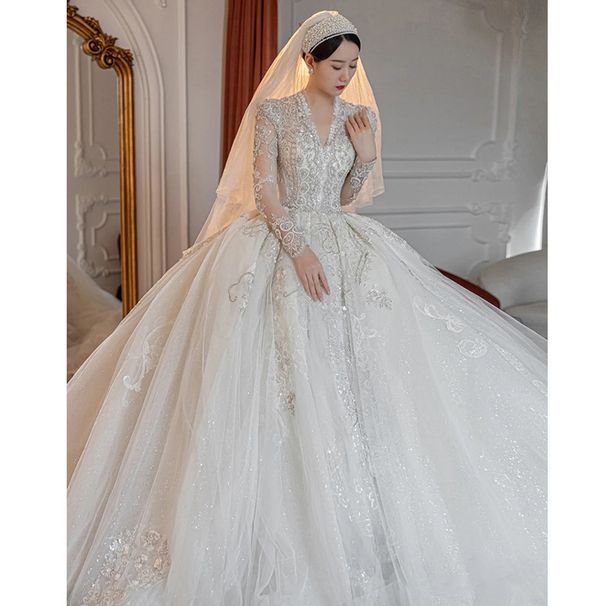 Women's Clothing Wedding Dress New Bride Long Sleeve Palace Style V Neck Heavy Industry Long Tail Texture Main Wedding Dress Spring And Summer_ecoleips.com