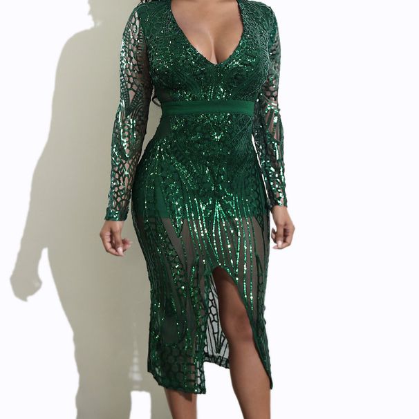 Women's Clothing sexy deep V split sequin long sleeve dress nightclub_ecoleips.com