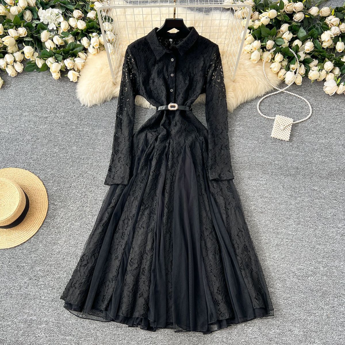 Women’s Clothing Elegant Dress For Women Winter High Grade Hook Lace Splicing Mesh Irregular Knee Length Skirt_ecoleips.com