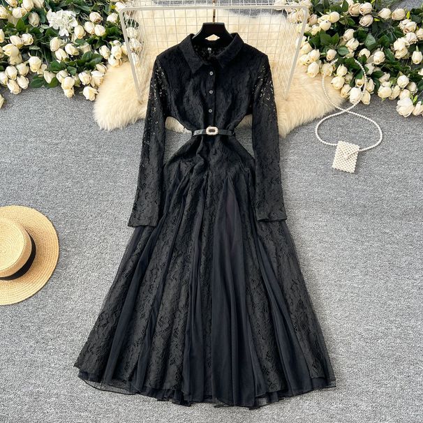 Women’s Clothing Elegant Dress For Women Winter High Grade Hook Lace Splicing Mesh Irregular Knee Length Skirt_ecoleips.com