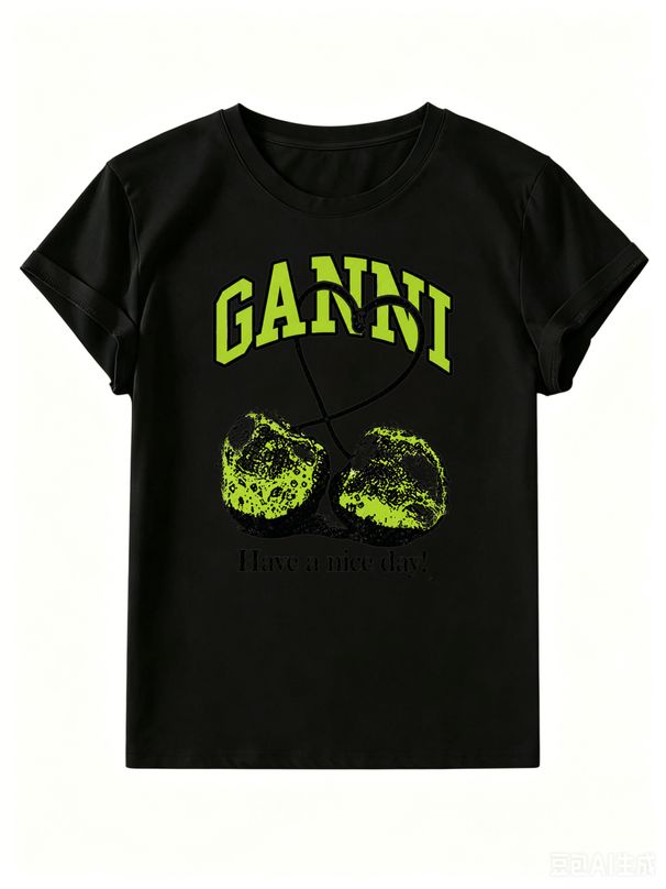 Women's Fluorescent Cherry Letter T-shirt, Everyday Commuting Pure Cotton Top_ecoleips.com
