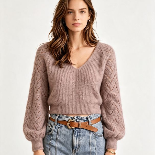 Dusty Purple V Neck Pit Rib Knit Jumper, Loose Hollow Breathable Soft Skin-touch Lantern Long Sleeve Sweater_ecoleips.com