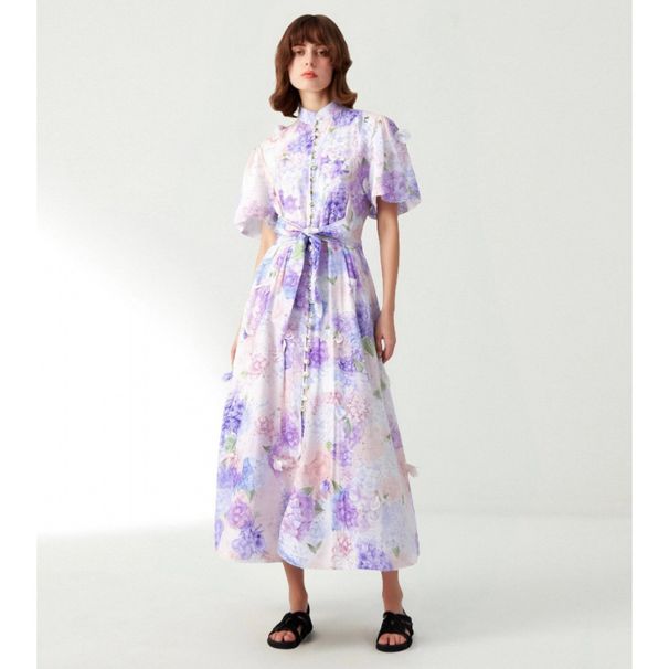 Women's Clothing Women's Floral Embellished Dress Elegant Style Single-Breasted Puff Sleeve Long Skirt Summer Dress_ecoleips.com
