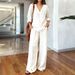 Women's Summer Casual Loose Two Piece Set V Neck Linen Wide Leg Pants Cross Border Trendy Style European American Style_ecoleips.com