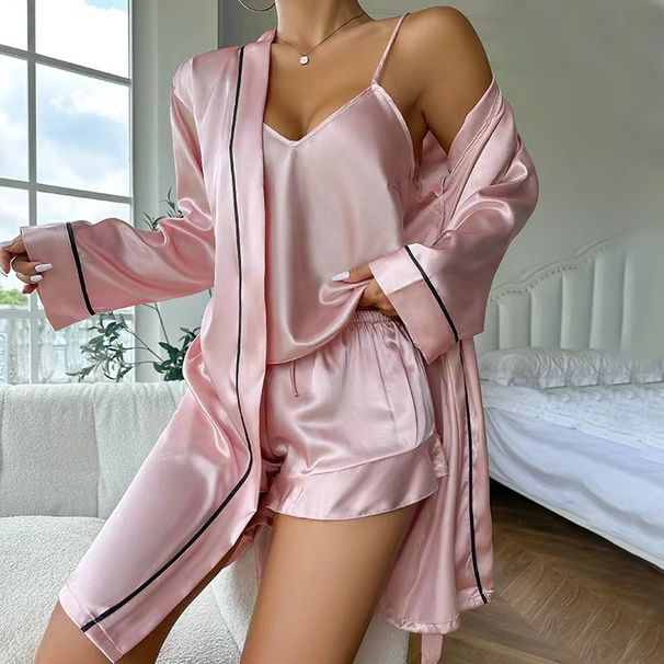 Aria Basics Cross-border Ice Silk Pajamas Women, Three-piece With Camisole, Shorts, Robe, Suitable For Summer Autumn, Can Be Worn_ecoleips.com