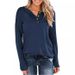 Women's Solid Color Knitted Long Sleeve Crew Neck Pullover Button Up Top T-Shirt_ecoleips.com