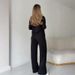 Women's Clothing Solid Color V-Neck Long Sleeve Top With Pocket & Tie-Waist Straight Pants Set - Casual Office Wear, Comfortable Polyester Outfit_ecoleips.com