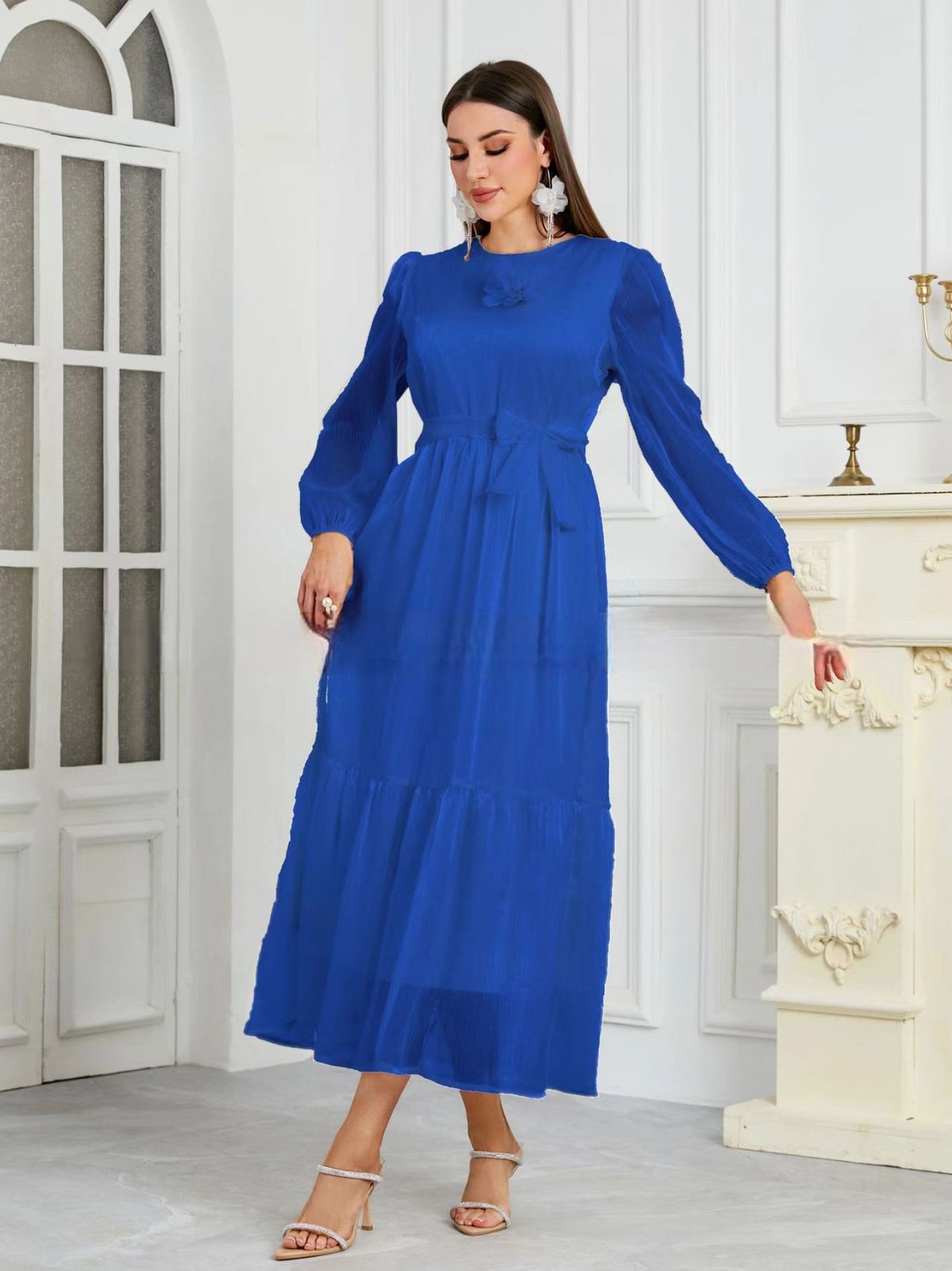 Women's Clothing Fashion Elegant Wrinkled Yarn Round Neck Belt Waist Dress_ecoleips.com