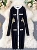 Women's Clothing Elegant Single-Button Slim-Fit Color-Block Knit Bodycon Dress For Women_ecoleips.com