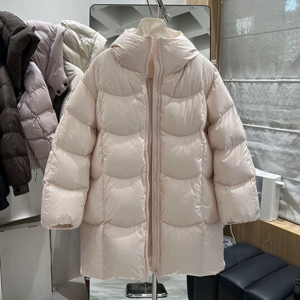 Women's Clothing Longline Quilted Jacket With Hood - Stylish Loose Fit Winter Coat In Soft Cotton Blend (Beige, Pink, Black, Yellow)_ecoleips.com