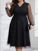 Plus Size Sparkle Mesh V-Neck Party Dress – Elegant Long Sleeve Bodycon Gown With Sheer Dot Panels – Stretchy Polyester-Spandex Blend (Sizes 1XL-5XL)_ecoleips.com