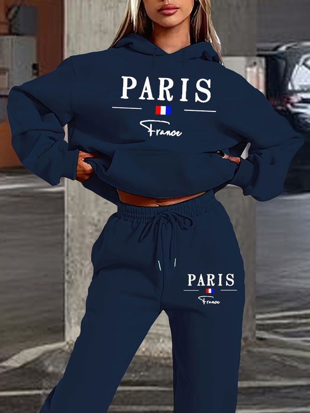 Women's Autumn And Winter Fashion Casual Paris Letter Pattern Print Thickened And Plush Warm Hooded Sweatshirt+sports Pants Set-792_ecoleips.com