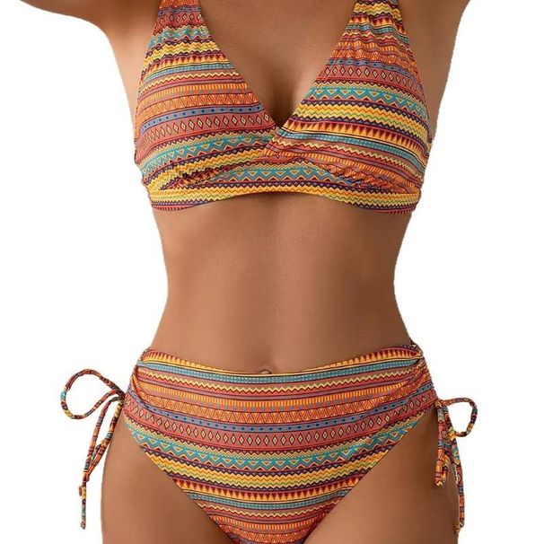 Colorful Striped Bikini Halter Neck Push Up Two Piece Swimsuit Sexy Spa Beachwear Women's Clothing_ecoleips.com