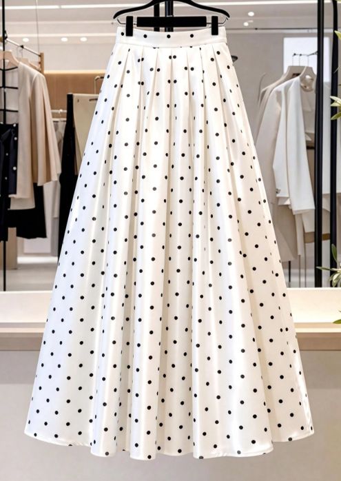 Curvy Women White Black Polka Dot Maxi Skirt, High Waist Pleated Flowy Long Skirt For Summer Beach Vacation_ecoleips.com