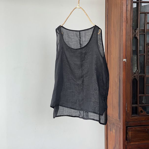 Women's Clothing Lightweight Cotton And Linen Inner Vest Large Size Basic Sleeveless Base Versatile Vest With Short Front And Long Back Design_ecoleips.com