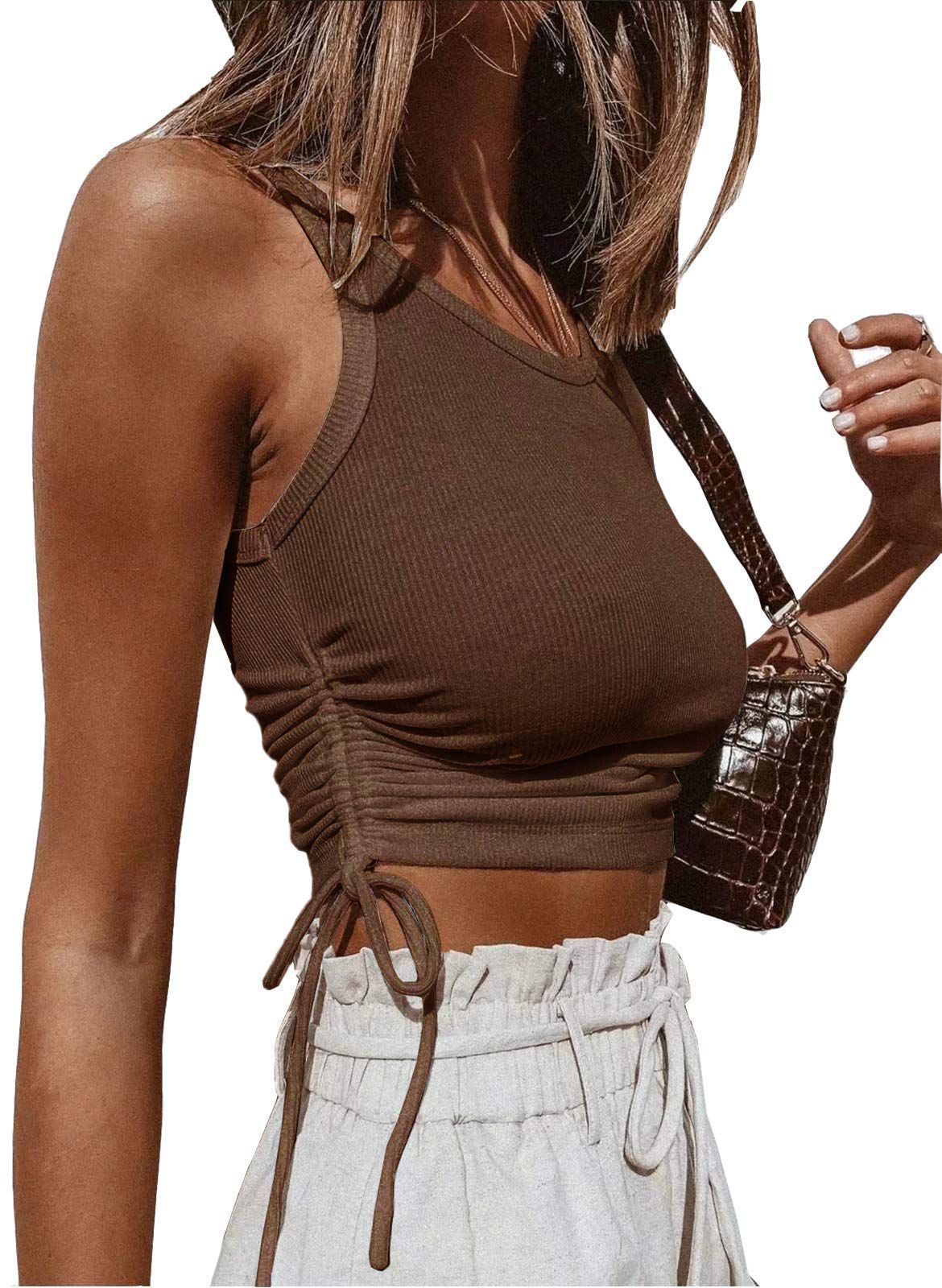 Women's Clothing Fashion Solid Color Short Round Neck Sleeveless Tops T Shirt_ecoleips.com